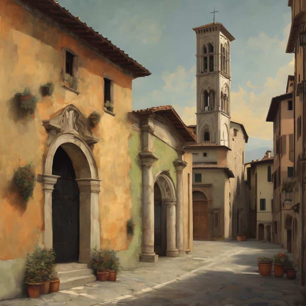 Παλίο τοπίο με εκκλησίες και τελώνια, εμπνευσμένο από καλλιτέχνες που επηρέασαν τη σύγχρονη τέχνη.