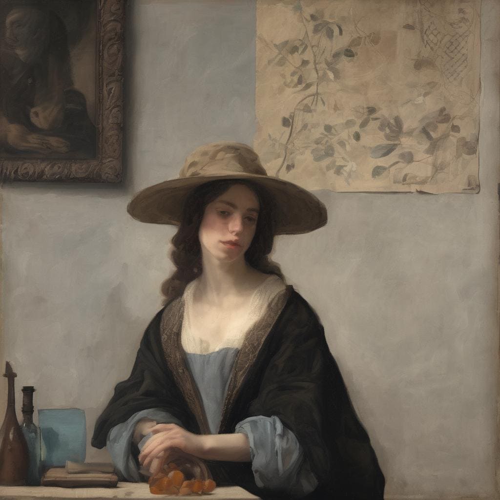 Ομορφη νεαρή γυναίκα σε πινελιά ζωγραφικής, με καπέλο, σε ατμόσφαιρα σύγχρονης τέχνης και καλλιτεχνικής έκφρασης.