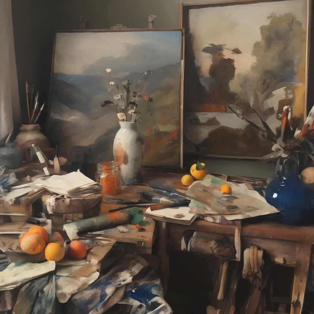 Ανέμοιασμα καλλιτεχνικού εργαστηρίου με έργα σύγχρονης τέχνης και δημιουργικότητα.